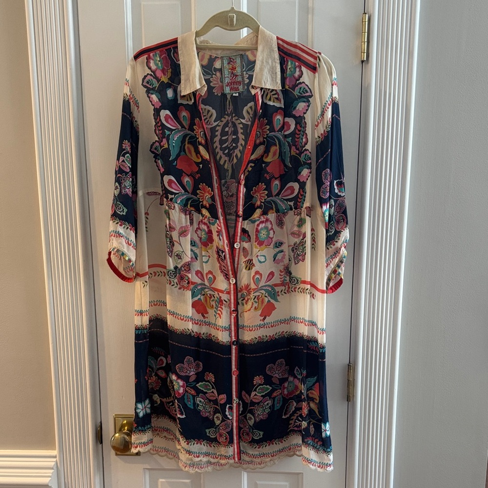 Johnny Was Navy and Cream Floral Long Sleeve Dress